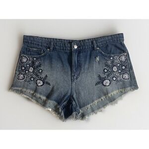 Forever 21 Blue Denim Embroidered Cut Off Shorts NWT Women's Size 30 Festival
